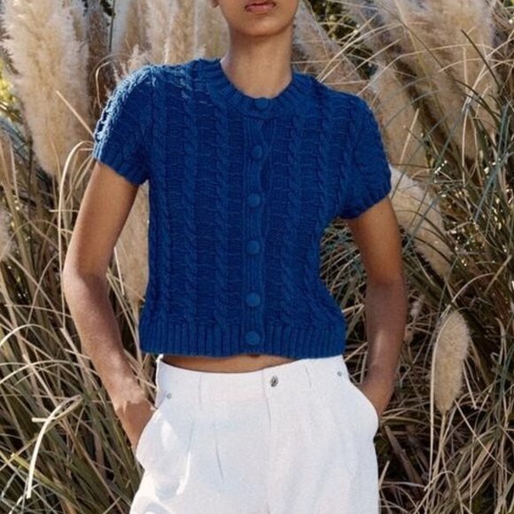 Zara Sweaters - Zara Womens Cardigan Sweater S Small Blue Cable Knit Short Sleeve 6771/053 NWT
